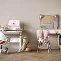 Kids Desk with White Chair Computer Displaying Cartoon Stationery Teddy Bear and Cat Ear Mirror