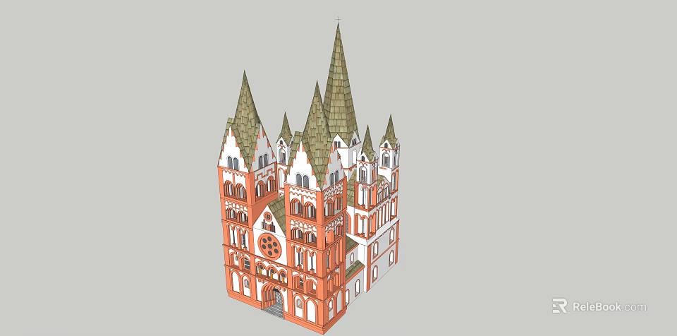 Ancient Gothic Architecture with Multiple Spires Red White Exterior and Ornate Details 3d model 