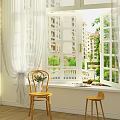 White Curtains By Window With Wooden Chairs And Green Plants Outside