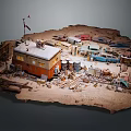 Desert Wasteland Diorama With Rustic Shack Barrels And Old Vehicles