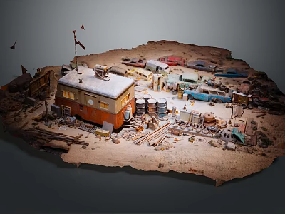 Desert Wasteland Diorama With Rustic Shack Barrels And Old Vehicles 3d model