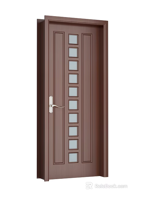 Brown Interior Swing Door With Square Glass Panels And Silver Handle Design 3d model
