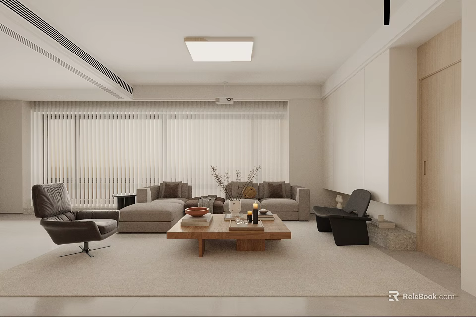 Modern Living Room Design With Beige Sofa Wooden Coffee Table And Floor to Ceiling Windows 3d model 