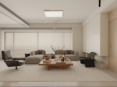 Modern Living Room Design With Beige Sofa Wooden Coffee Table And Floor to Ceiling Windows 3d model