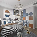 Bright Modern Kids Room With Striped Bed Circular Lights Desk Bookshelf And YES Decor