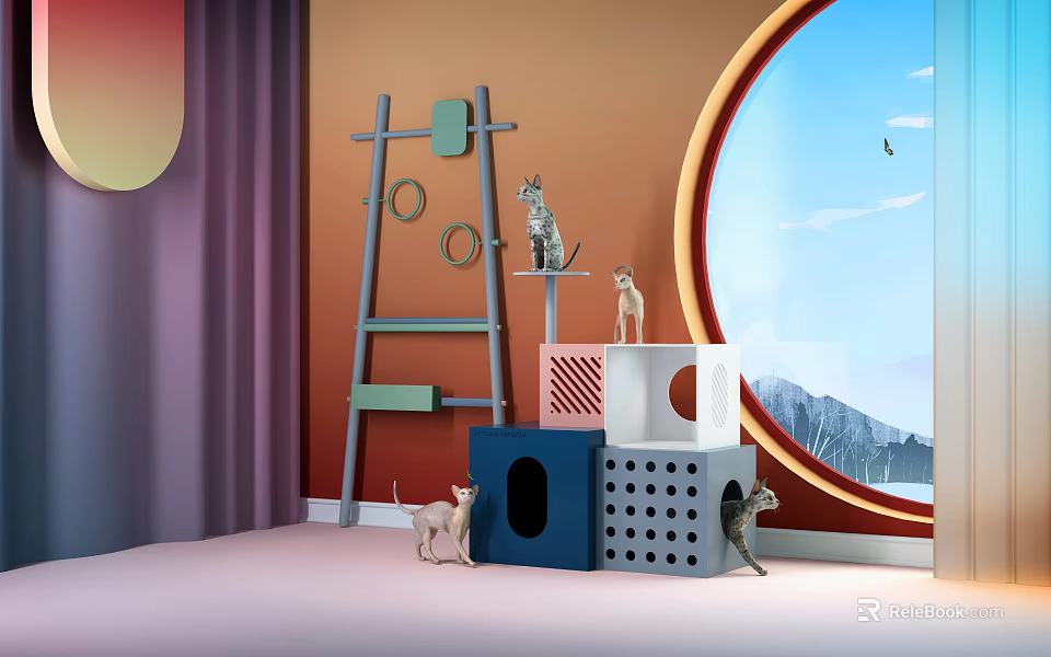 Colorful Pet Supplies With Cat Tree Houses Orange Wall Round Window Purple Curtains Pink Floor 3d model 