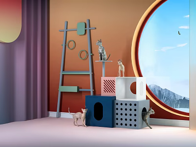 Colorful Pet Supplies With Cat Tree Houses Orange Wall Round Window Purple Curtains Pink Floor 3d model