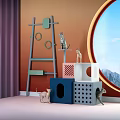 Colorful Pet Supplies With Cat Tree Houses Orange Wall Round Window Purple Curtains Pink Floor