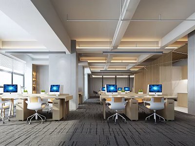 Modern Public Office Space With Open Layout Work Desks Computers And Office Chairs 3d model