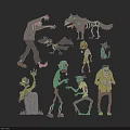 Spooky Cartoon Halloween Character Collection With Zombies Werewolf Raven And Tombstone