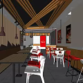 Modern Restaurant Interior With Wooden Ceiling Beams Long Tables And Red White Chairs