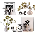 Modern Artistic Decorative Ornament Set With Green Foliage Vases Sculptures Geometric Ornaments And Artworks