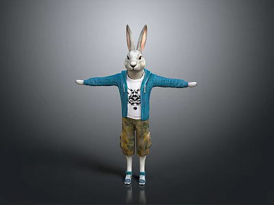 Cute Cartoon Rabbit Wearing Blue Cardigan White T shirt Camouflage Shorts Blue Shoes With Arms Outstretched 3d model
