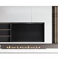 Modern TV Wall Design With White Cabinets Black Panel LED Strips And Fireplace Effect 3d model