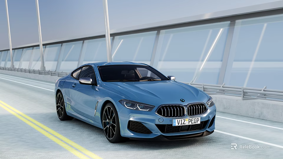 Blue BMW Coupe With Modern Sleek Exterior Design On Urban Road Near Glass Buildings 3d model 
