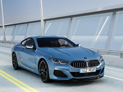 Blue BMW Coupe With Modern Sleek Exterior Design On Urban Road Near Glass Buildings 3d model