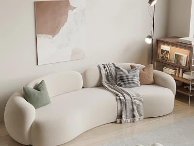Curved Multi-person Sofa With Colorful Throw Pillows Blanket Abstract Painting And Floor Lamp In Modern Living Room 3d model