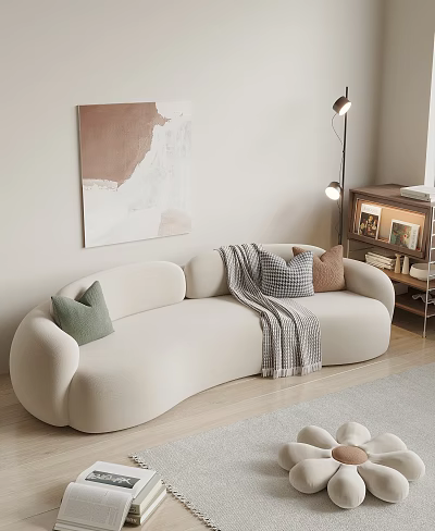 Curved Multi-person Sofa With Colorful Throw Pillows Blanket Abstract Painting And Floor Lamp In Modern Living Room 3d model