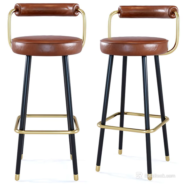 Brown Leather Bar Stools With Black Legs And Golden Metal Frame Design 3d model 