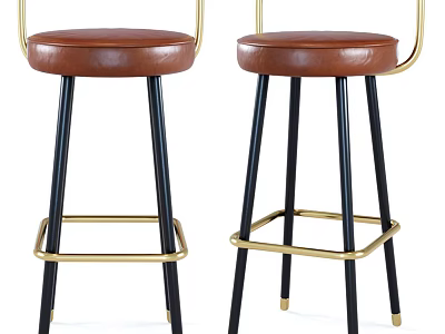 Brown Leather Bar Stools With Black Legs And Golden Metal Frame Design 3d model