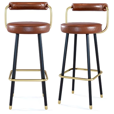 Brown Leather Bar Stools With Black Legs And Golden Metal Frame Design 3d model