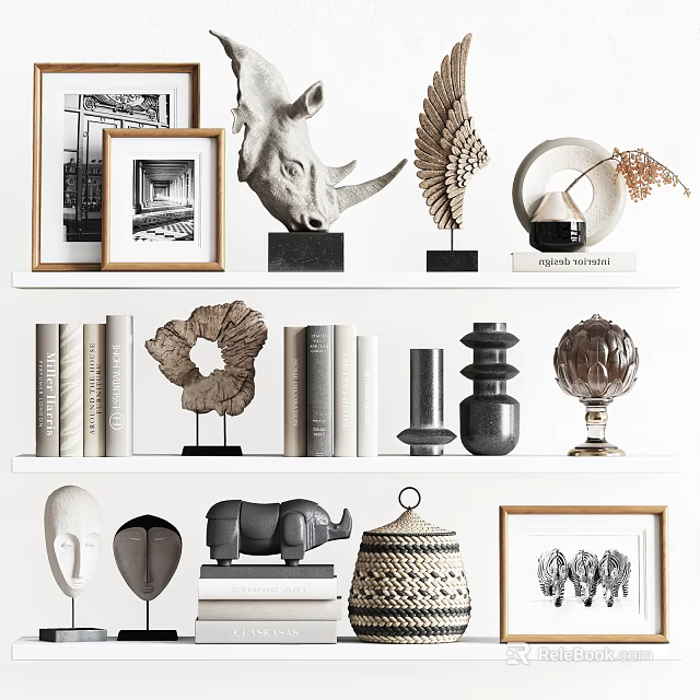 Stylish Decorative Ornament Set With Rhino Sculpture Wing Decor Picture Frames And Woven Lamp Shade 3d model 