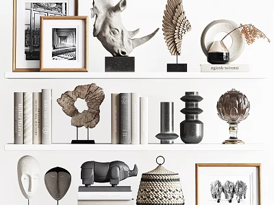 Stylish Decorative Ornament Set With Rhino Sculpture Wing Decor Picture Frames And Woven Lamp Shade 3d model