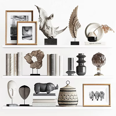 Stylish Decorative Ornament Set With Rhino Sculpture Wing Decor Picture Frames And Woven Lamp Shade 3d model