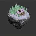 Snow Covered Wooden Cottage On Floating Rock With Green Trees