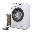 Elegant Modern White Front Load Washing Machine With Laundry Basket And Towel Setup 3d model