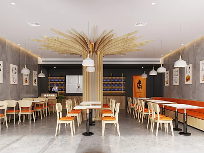 Modern Restaurant With Wooden Tree Like Ceiling Decor White Tables Orange Chairs And Pendant Lights 3d model