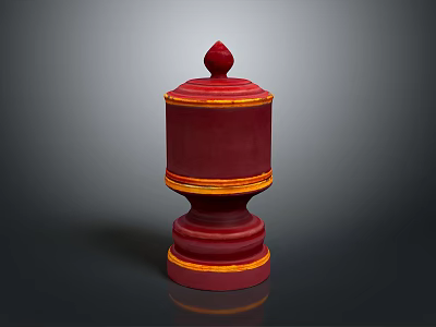 Red Prayer Wheel With Gold Decorative Bands Top Finial Cylindrical Body And Base 3d model