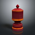Red Prayer Wheel With Gold Decorative Bands Top Finial Cylindrical Body And Base