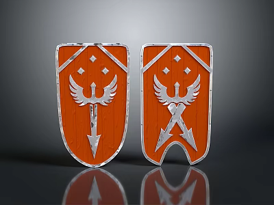Medieval Orange Shield With Silver Eagle Wings Crossed Swords And Star Motifs 3d model