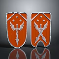 Medieval Orange Shield With Silver Eagle Wings Crossed Swords And Star Motifs
