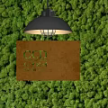 Wooden Company Sign With Green Moss Wall Background And Black Pendant Light