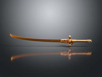 Golden Decorative Sword With Ornate Hilt Sharp Blade On Black Smooth Surface 3d model