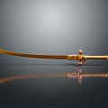 Golden Decorative Sword With Ornate Hilt Sharp Blade On Black Smooth Surface