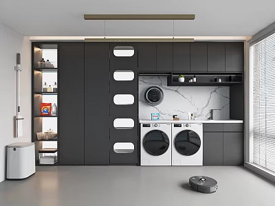 Modern Home Balcony Laundry Space with Storage Cabinets Double Washing Machines and Marble Countertop Design 3d model
