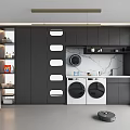 Modern Home Balcony Laundry Space with Storage Cabinets Double Washing Machines and Marble Countertop Design