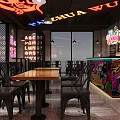 Modern Restaurant Interior With Neon Signage Graffiti Wall Brick Decor And Black Tables