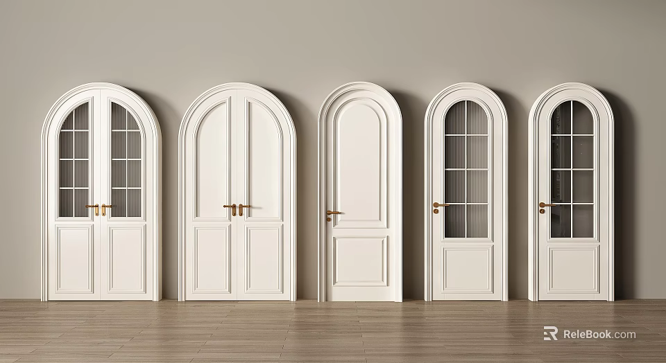 White Hinged Doors in Different Styles with Arched Top Glass Panels and Wooden Floor 3d model 