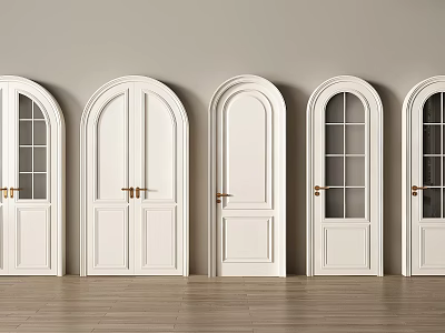 White Hinged Doors in Different Styles with Arched Top Glass Panels and Wooden Floor 3d model