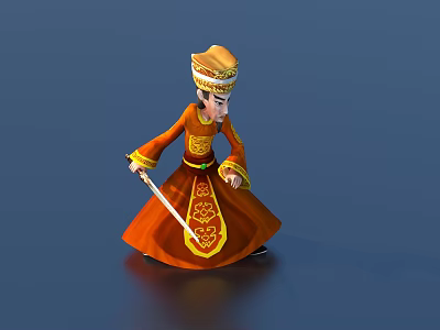 Game Movie Character In Traditional Orange Robe With Golden Patterns And Yellow Hat Holding Sword 3d model