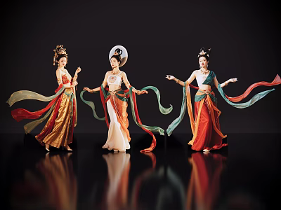 Game And Movie Characters In Traditional Chinese Attire With Flowing Ribbons And Elegant Dance Poses 3d model