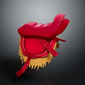 Red Leather Saddle With Yellow Fringe And Straps As Practical Household Item