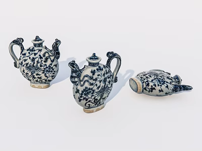 Traditional Ceramic Wares With Blue And White Floral Patterns Three Decorative Jugs 3d model