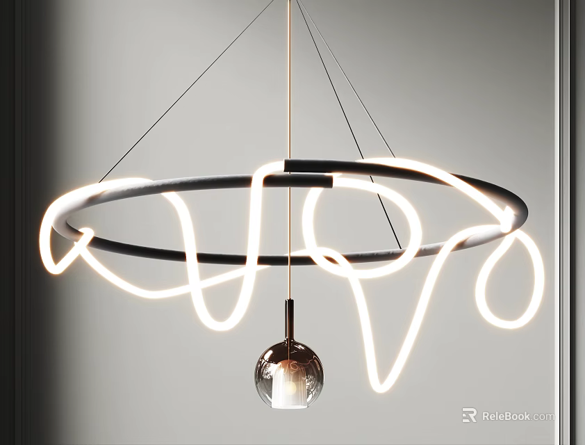 Modern Circular Chandelier with Neon Light and Spherical Pendant Design 3d model 