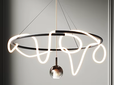 Modern Circular Chandelier with Neon Light and Spherical Pendant Design 3d model