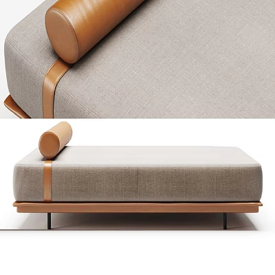 Modern Lounge Chair With Gray Fabric Wooden Details And Cylindrical Pillow 3d model